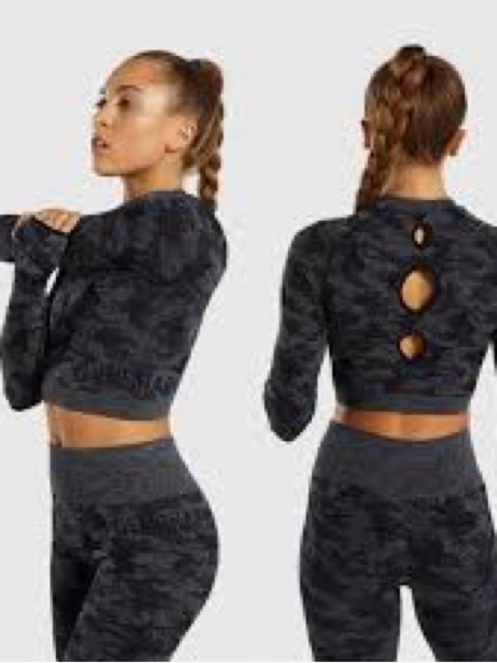 Gymshark Adapt Camo Seamless Long Sleeve Crop Top in Black/Grey.XS